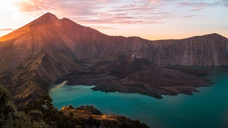 Sunrise over mountain lake
