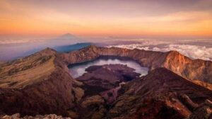 Volcano crater lake at sunrise