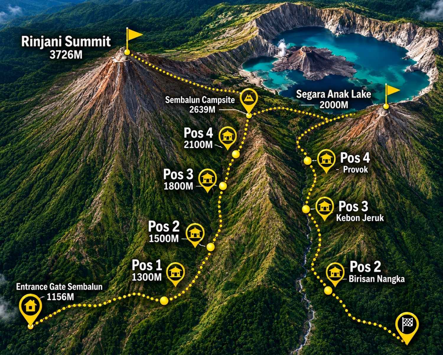 Mount Rinjani active crater view on the Sembalun to Torean trekking route