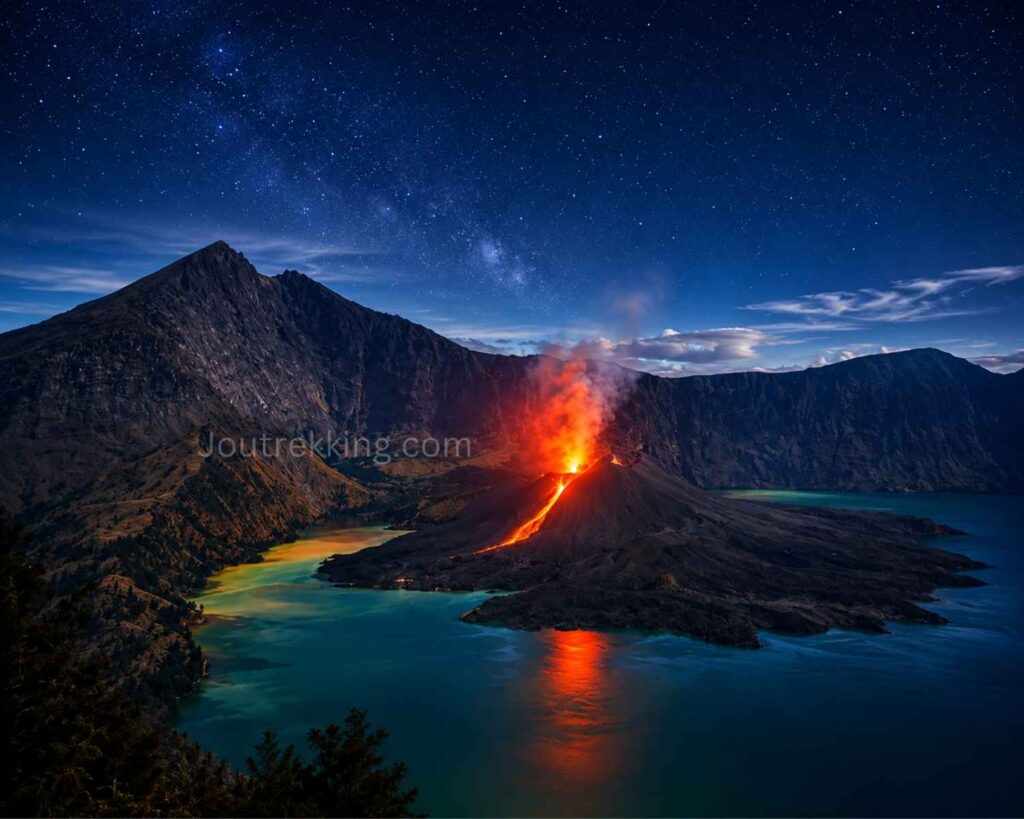 Senaru Crater Rim Mount Rinjani at sunrise overlooking Segara Anak Lake Lombok Indonesia