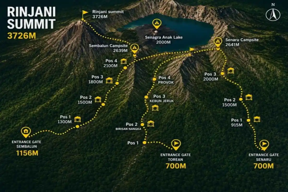 Mount Rinjani 4-day summit trekking route map showing the Sembalun, Senaru, and Torean routes, including the 3,726 m summit, Segara Anak Lake, and key camping and trail posts.