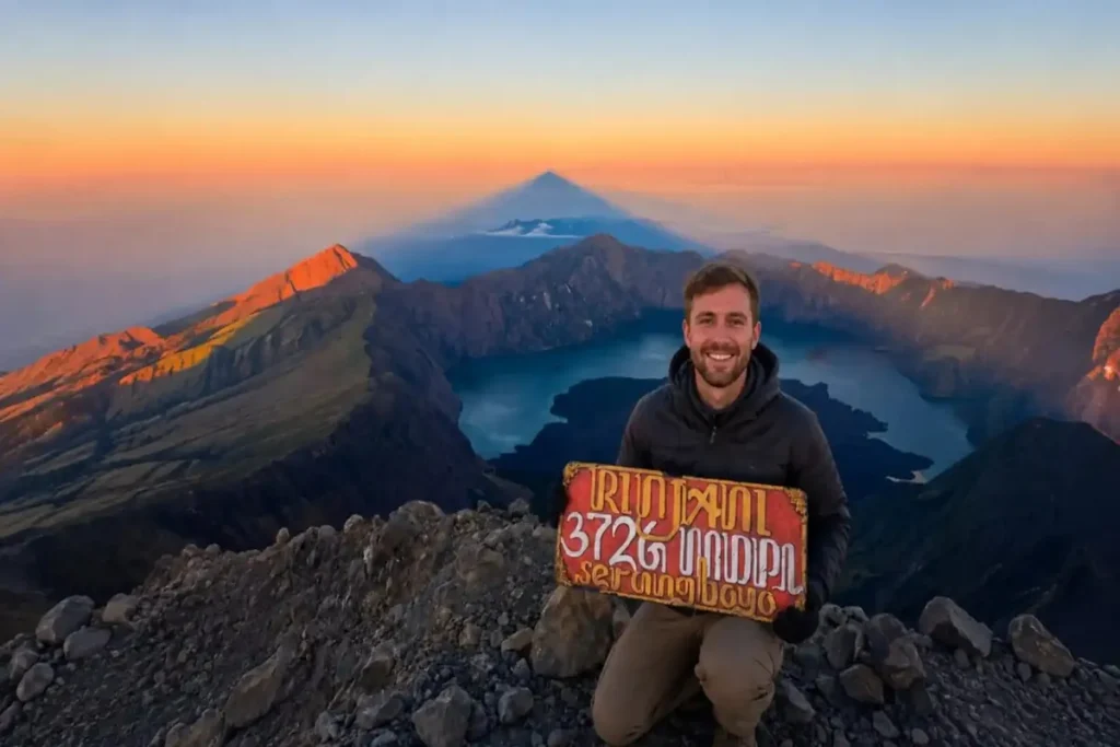 Hiker at Mount Rinjani summit with Segara Anak Lake at sunrise, Lombok
