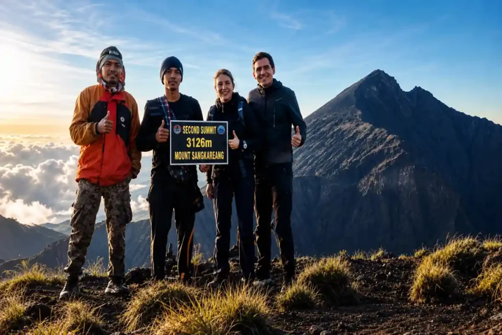 Four hikers celebrating at the 3,126-meter summit of Mount Sangkareang with a dramatic mountain landscape and clouds in the background.